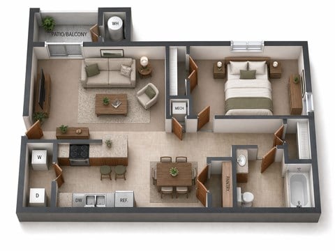 Floor plan for 1 bed, 1 bath, 750 sqft